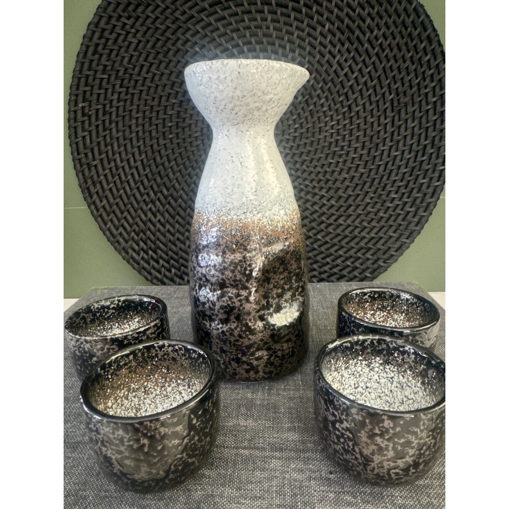 Studio Pottery Sake Set, Sculptural Ceramic‎ Sake Carafe & 4 Cups, Wabi Sabi Bar